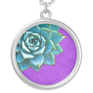 Succulent Watercolor Purple Lace Silver Plated Necklace