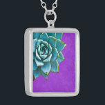 Succulent Watercolor Purple Lace Silver Plated Necklace<br><div class="desc">This romantic necklace features an aqua succulent on a purple lace background.  If you're planning a wedding and including succulents in your bouquets,  these would make lovely bridesmaid necklaces.</div>