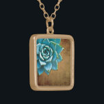 Succulent Watercolor Rustic Brown Gold Plated Necklace<br><div class="desc">This romantic necklace features an aqua succulent on a rustic brown background.  If you're planning a wedding and including succulents in your bouquets,  these would make lovely bridesmaid necklaces.</div>