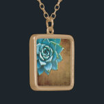 Succulent Watercolor Rustic Brown Gold Plated Necklace<br><div class="desc">This romantic necklace features an aqua succulent on a rustic brown background.  If you're planning a wedding and including succulents in your bouquets,  these would make lovely bridesmaid necklaces.</div>