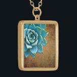 Succulent Watercolor Rustic Brown Gold Plated Necklace<br><div class="desc">This romantic necklace features an aqua succulent on a rustic brown background.  If you're planning a wedding and including succulents in your bouquets,  these would make lovely bridesmaid necklaces.</div>