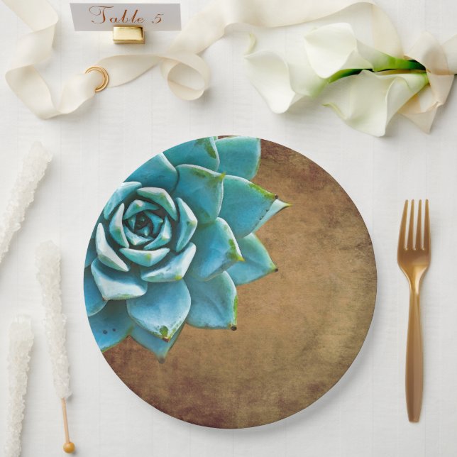 Succulent Watercolor Rustic Brown Paper Plates (Wedding)