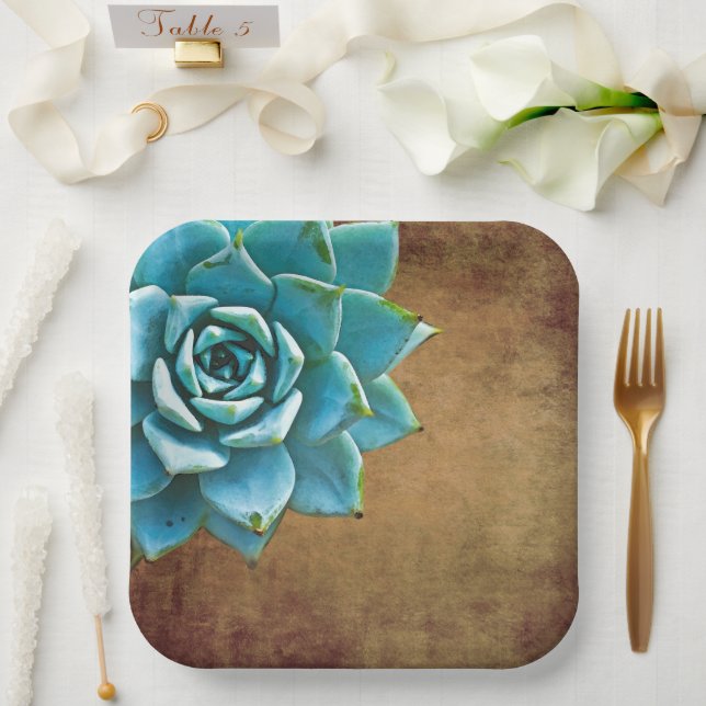 Succulent Watercolor Rustic Brown Paper Plates (Wedding)