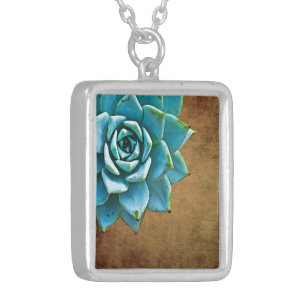 Succulent Watercolor Rustic Brown Silver Plated Necklace