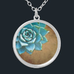 Succulent Watercolor Rustic Brown Silver Plated Necklace<br><div class="desc">This romantic necklace features an aqua succulent on a rustic brown background.  If you're planning a wedding and including succulents in your bouquets,  these would make lovely bridesmaid necklaces.</div>