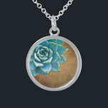 Succulent Watercolor Rustic Brown Sterling Silver Necklace<br><div class="desc">This romantic necklace features an aqua succulent on a rustic brown background.  If you're planning a wedding and including succulents in your bouquets,  these would make lovely bridesmaid necklaces.</div>