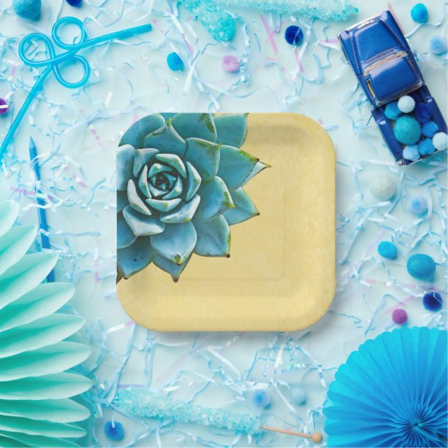 Succulent Watercolor Yellow Lace Paper Plates (Party)