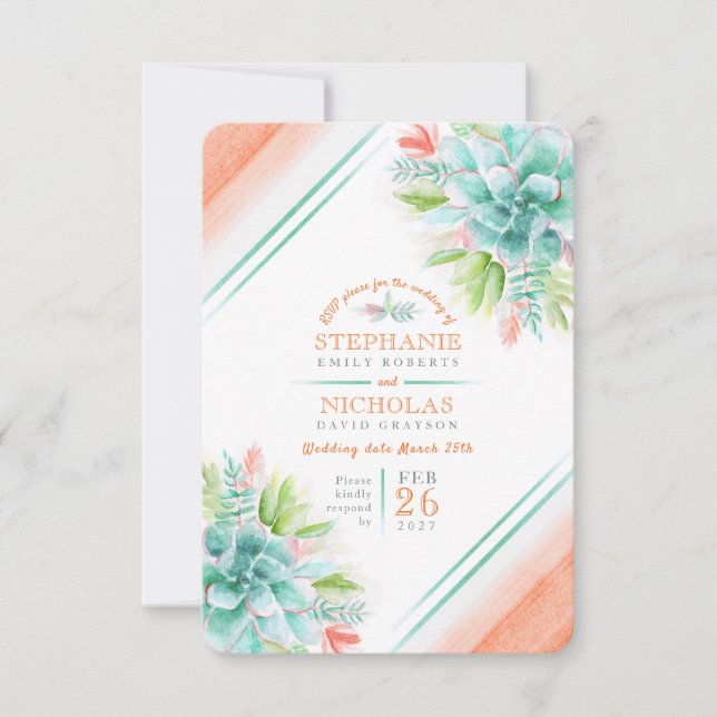 Succulent wedding greenery orange RSVP (Front)