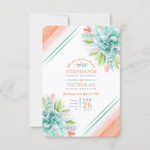 Succulent wedding greenery orange RSVP