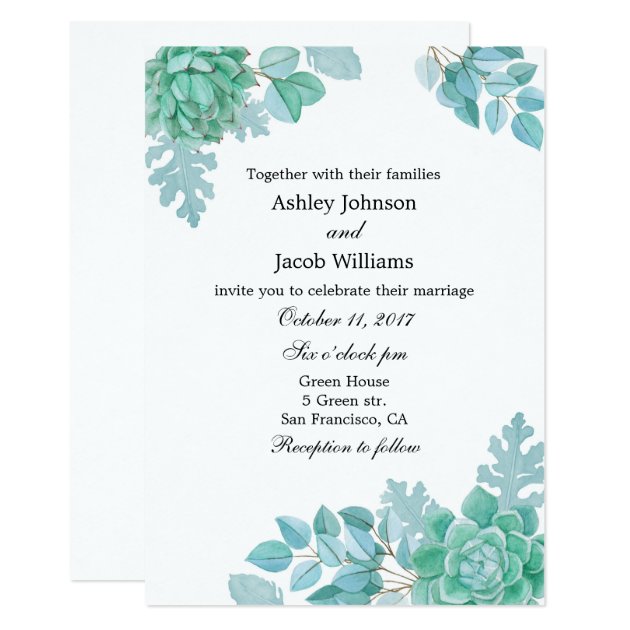 Succulent Wedding Invitation. Mint Invite Floral