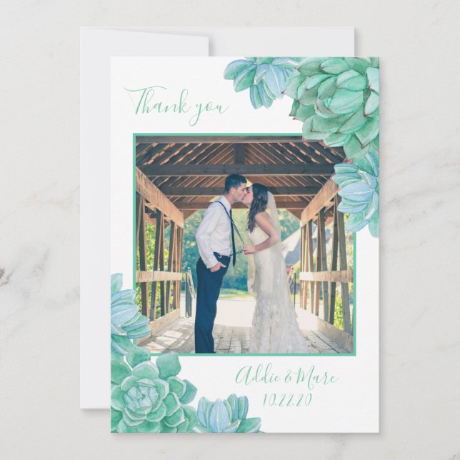 Succulent wedding photo thank you + with note card (Front)