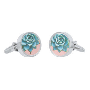 Succulent Wedding Watercolor Pink Lace Silver Cufflinks
