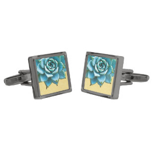 Succulent Wedding Watercolor Yellow Lace Gunmetal Finish Cufflinks