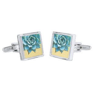 Succulent Wedding Watercolor Yellow Lace Silver Cufflinks