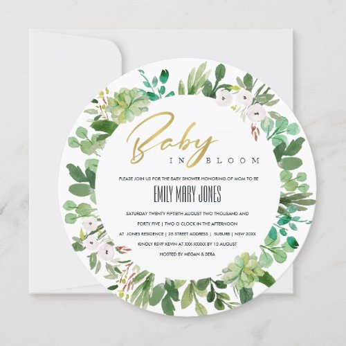 SUCCULENT WREATH FOLIAGE BABY IN BLOOM  SHOWER INVITATION