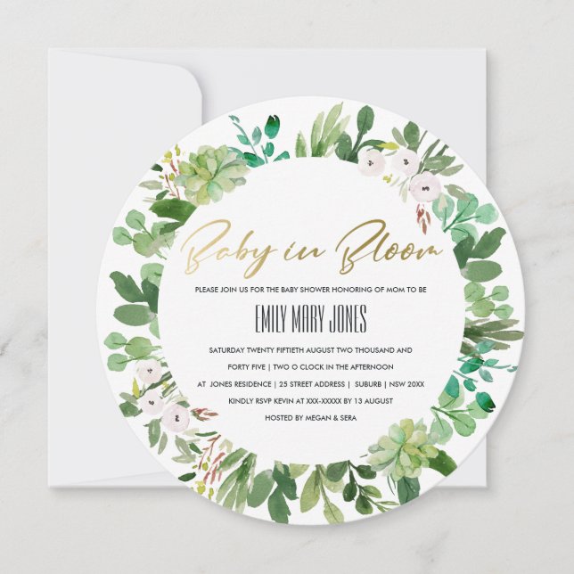 SUCCULENT WREATH FOLIAGE BABY IN BLOOM  SHOWER INVITATION (Front)