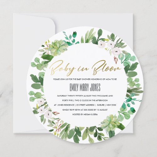 SUCCULENT WREATH FOLIAGE BABY IN BLOOM  SHOWER INVITATION
