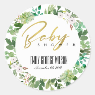 SUCCULENT WREATH FOLIAGE WATERCOLOR BABY SHOWER CLASSIC ROUND STICKER