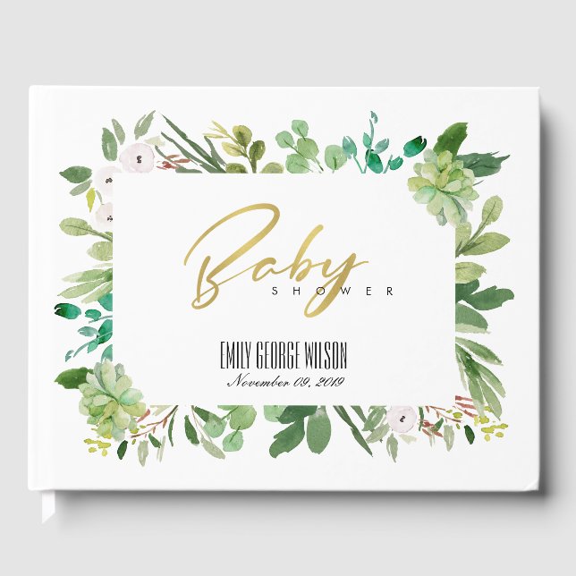 SUCCULENT WREATH FOLIAGE WATERCOLOR BABY SHOWER GUEST BOOK (Front)