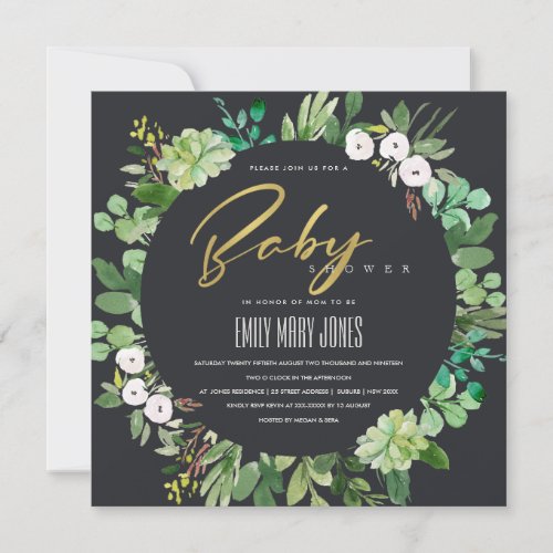 SUCCULENT WREATH FOLIAGE WATERCOLOR BABY SHOWER INVITATION