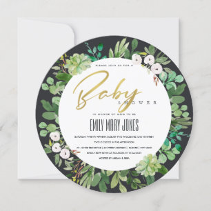 SUCCULENT WREATH FOLIAGE WATERCOLOR BABY SHOWER INVITATION