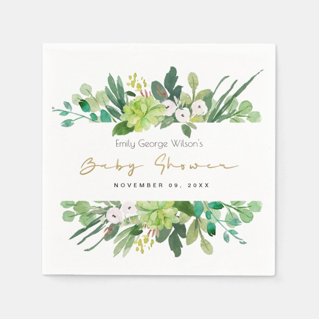 SUCCULENT WREATH FOLIAGE WATERCOLOR BABY SHOWER NAPKINS (Front)