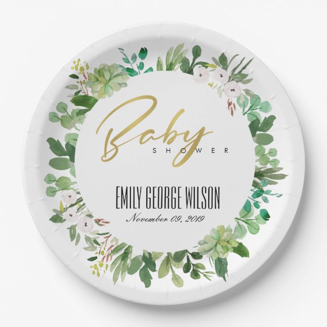 SUCCULENT WREATH FOLIAGE WATERCOLOR BABY SHOWER PAPER PLATES (Front)