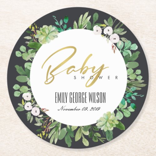 SUCCULENT WREATH FOLIAGE WATERCOLOR BABY SHOWER ROUND PAPER COASTER