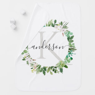 SUCCULENT WREATH FOLIAGE WATERCOLOR MONOGRAM BABY BLANKET