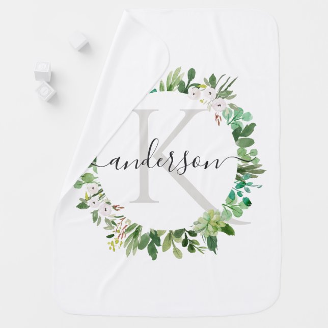 SUCCULENT WREATH FOLIAGE WATERCOLOR MONOGRAM BABY BLANKET (In Situ)