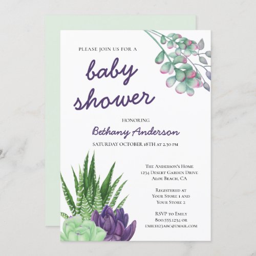 Succulents and Aloe Vera Watercolor Baby Shower Invitation