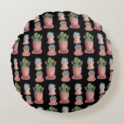 Succulents and cacti on black background round pillow