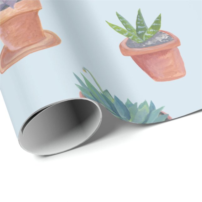 Succulents and cacti on blue background gift wrap (Roll Corner)