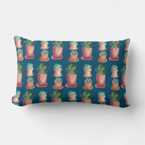 Succulents and cacti on blue background lumbar pillow