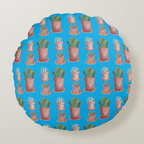 Succulents and cacti on blue background round pillow