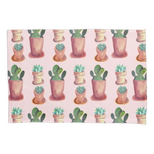 Succulents and cacti on pink background pillow case