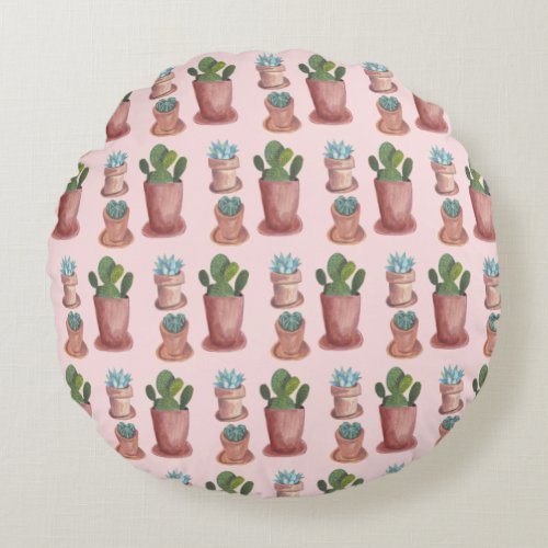 Succulents and cacti on pink background round pillow