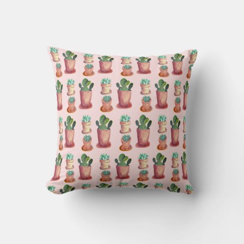 Succulents and cacti on pink background throw pillow