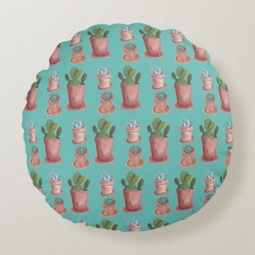 Succulents and cacti on teal background round pillow