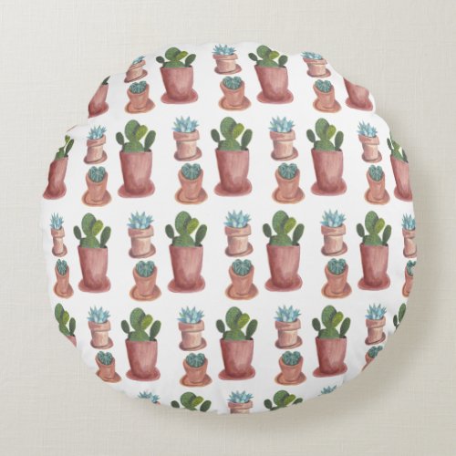 Succulents and cacti on white background round pillow