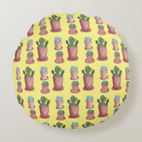 Succulents and cacti on yellow background round pillow