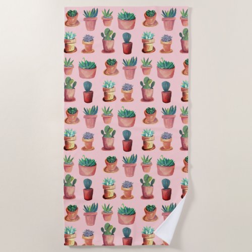 Succulents and cacti watercolor potted plants beach towel