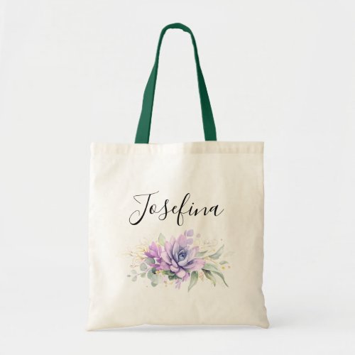 Succulents and Gold Greenery Elegant Script Name T Tote Bag