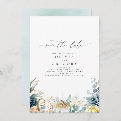 Succulents and Gold Pumpkins Fall Save The Date Announcement