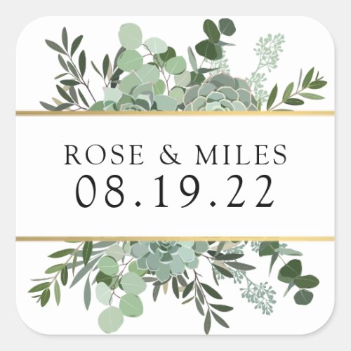 Succulents and Gold Wedding Thank You Stickers