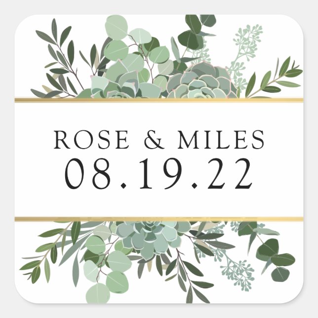 Succulents and Gold Wedding Thank You Stickers (Front)