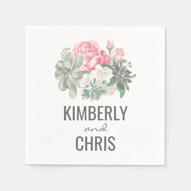 Succulents and Pink Floral Bouquet Wedding Napkins (Front)