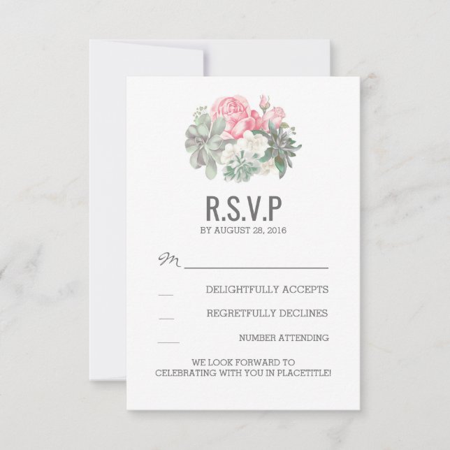 Succulents and pink florals wedding RSVP cards (Front)