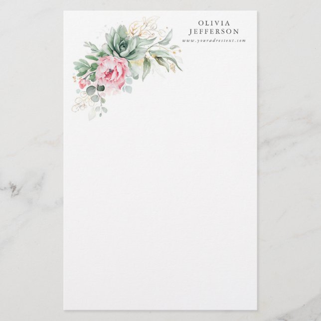 Succulents and Pink Flowers Elegant Botanical Stationery (Front)