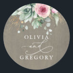 Succulents and Pink Flowers Rustic Wedding Classic Round Sticker<br><div class="desc">Greenery,  succulents,  gold leaves and pink flowers wedding stickers</div>